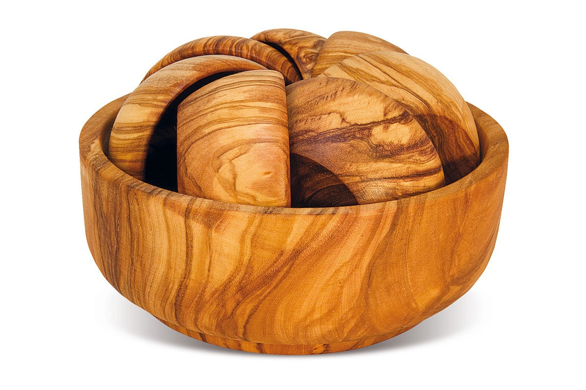 SET OF BOWL AND BOWLS FOR OIL DIP IN OLIVE WOOD